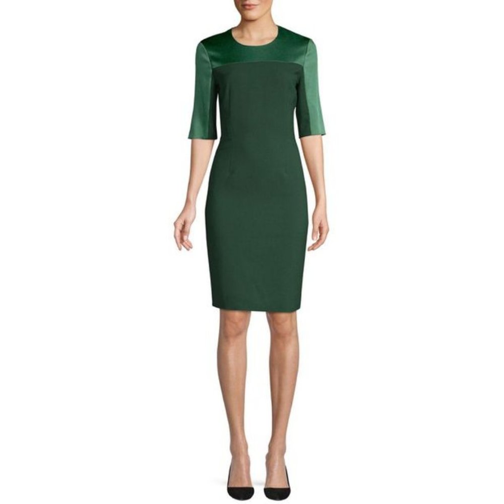 HUGO BOSS Danufa Stretch Wool Colorblock Sheath Dress In Pine Green - Picture 3 of 14